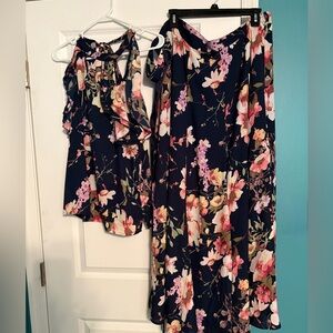 7th Avenue Maxi Lined Navy Blue Floral Wrap Skirt sz L and matching blouse sz M
